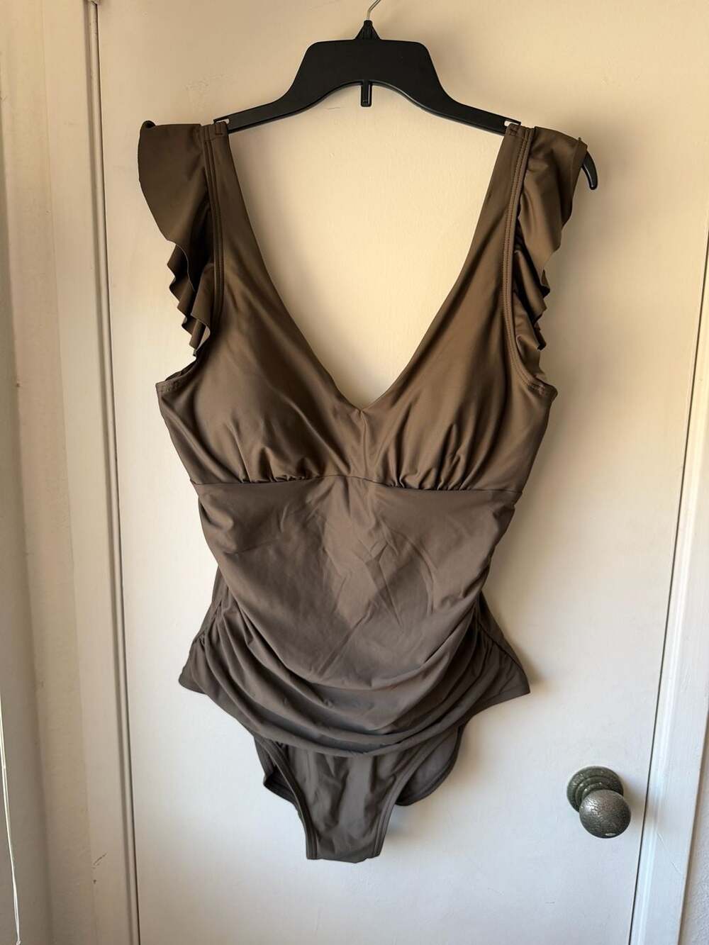 DKNY Ruffle Plunge Underwire Tummy Control One-Piece Swimsuit Bronze XL - Picture 1 of 6